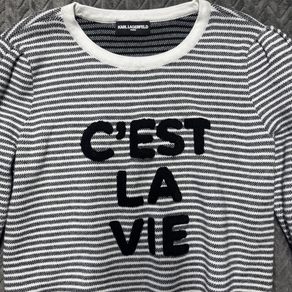 Karl Lagerfeld Paris Sweater S Black White Excellent C'EST LA VIE Striped (2157)